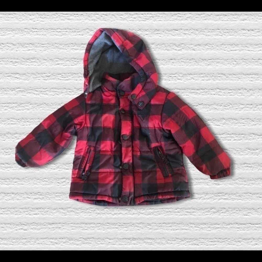 Oshkosh B’Gosh Buffalo Plaid Parka Jacket 24M Winter Cozy Warm Red Black Outdoor